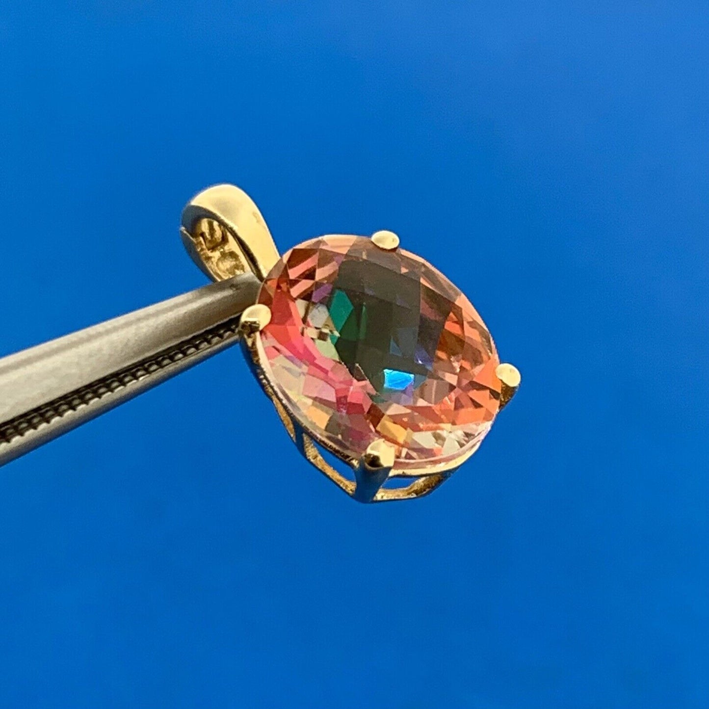 Designer 14K Yellow Gold Oval Mystic Topaz Solitaire Drop Pendant