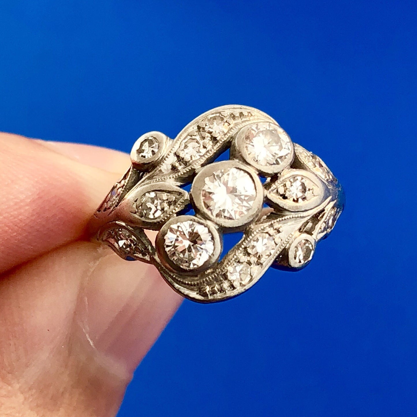 Art Nouveau Art Deco Platinum Diamond Floral Cluster Engagement Cocktail Ring