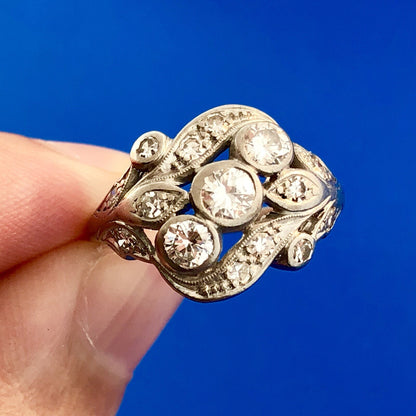 Art Nouveau Art Deco Platinum Diamond Floral Cluster Engagement Cocktail Ring
