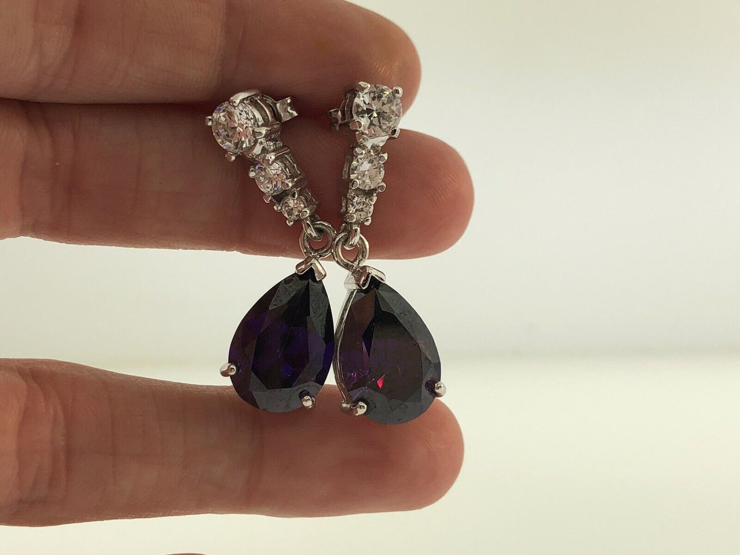 Designer Sterling Silver 925 Purple White Cubic Zirconia Statement Drop Earrings