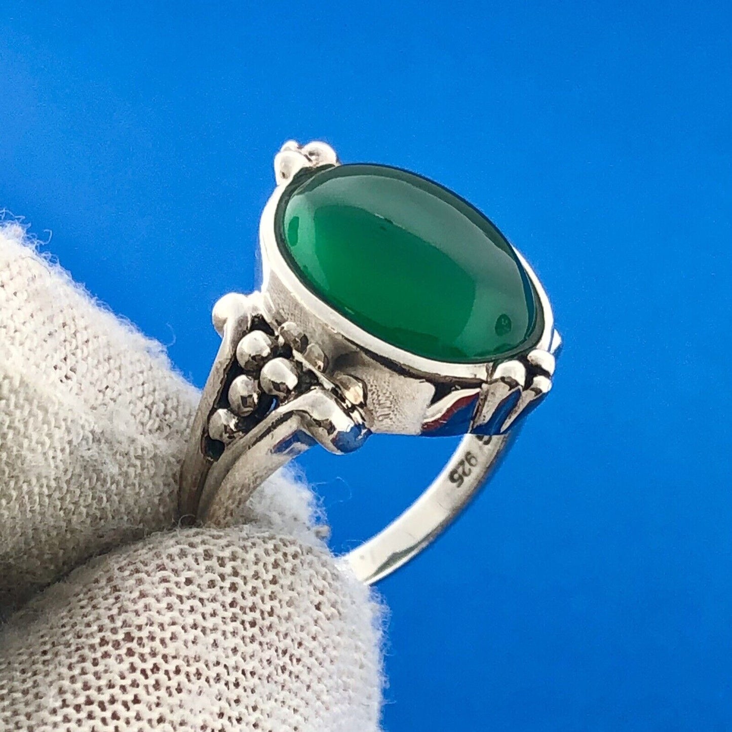 Designer SG Sterling Silver 925 African Green Onyx Cabochon Cocktail Ring