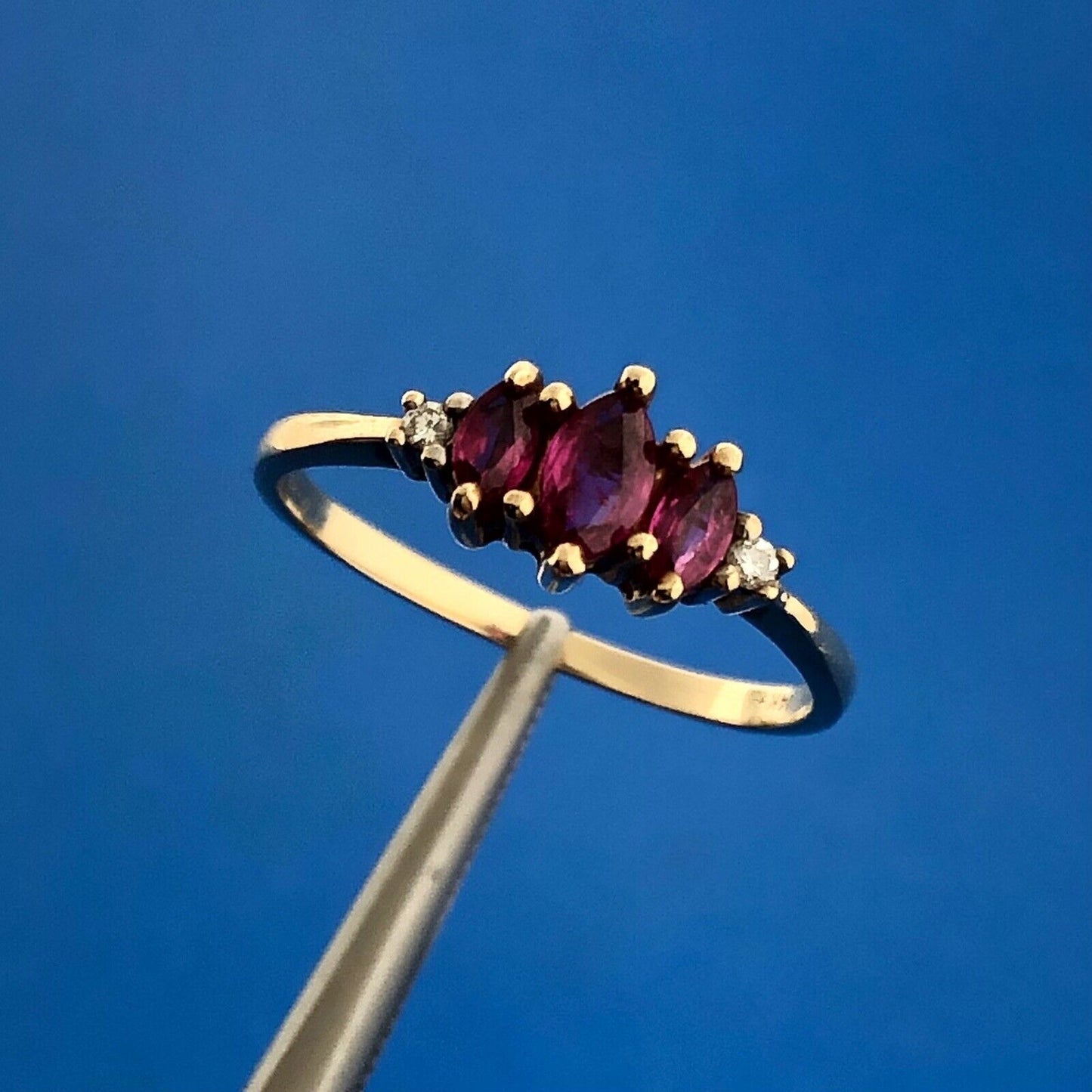 Vintage 14K Yellow Gold Marquise Ruby Trio Diamond Accent July Anniversary Ring