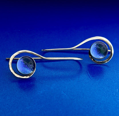 Artisan Sterling Silver 925 Azure Plastic Cabochon Modernist Slide Earrings