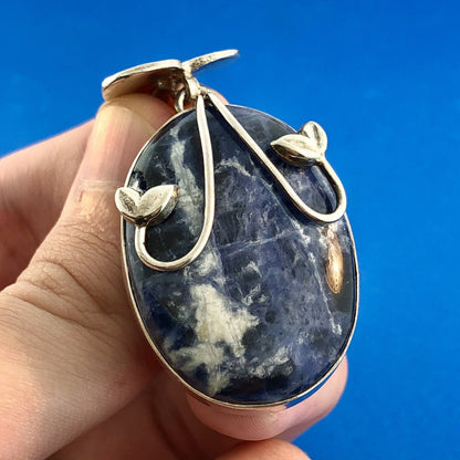 Vintage 925 Sterling Silver Lapis Lazuli Floral Beadwork Statement Pendant