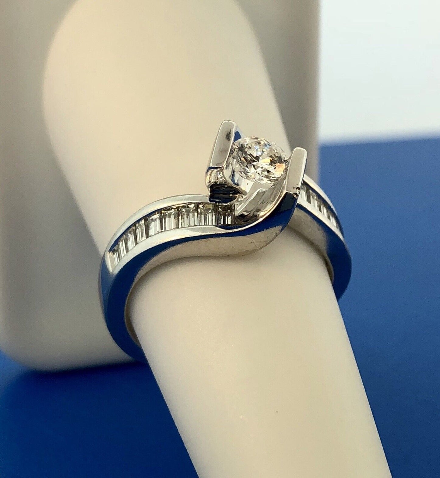 14K White Gold Diamond Solitaire W/Accents Suspension Bypass Engagement Ring