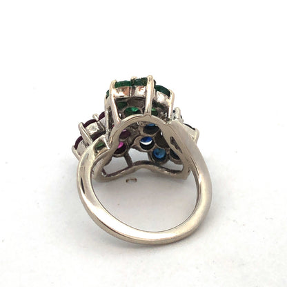 KOL 14K White Gold Round Ruby Sapphire Emerald Topaz Floral Cluster Pinky Ring