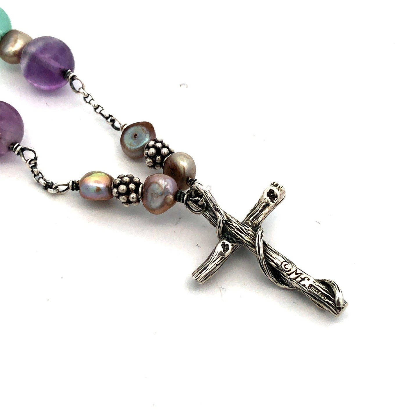 Retired Mignon Faget Sterling Silver Fences Cross Aquamarine Pearl Bead Necklace