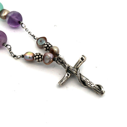 Retired Mignon Faget Sterling Silver Fences Cross Aquamarine Pearl Bead Necklace