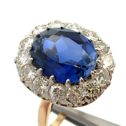 Estate 14K Yellow Gold Lab Created Blue Sapphire Diamond Halo Statement Ring