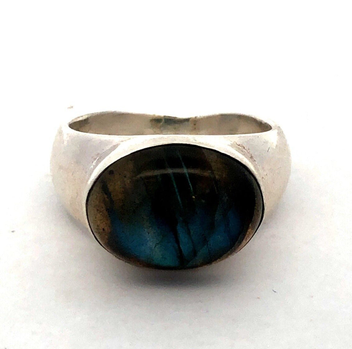 Modernist 925 Sterling Silver Oval Cabochon Labradorite Bezel Solitaire Ring