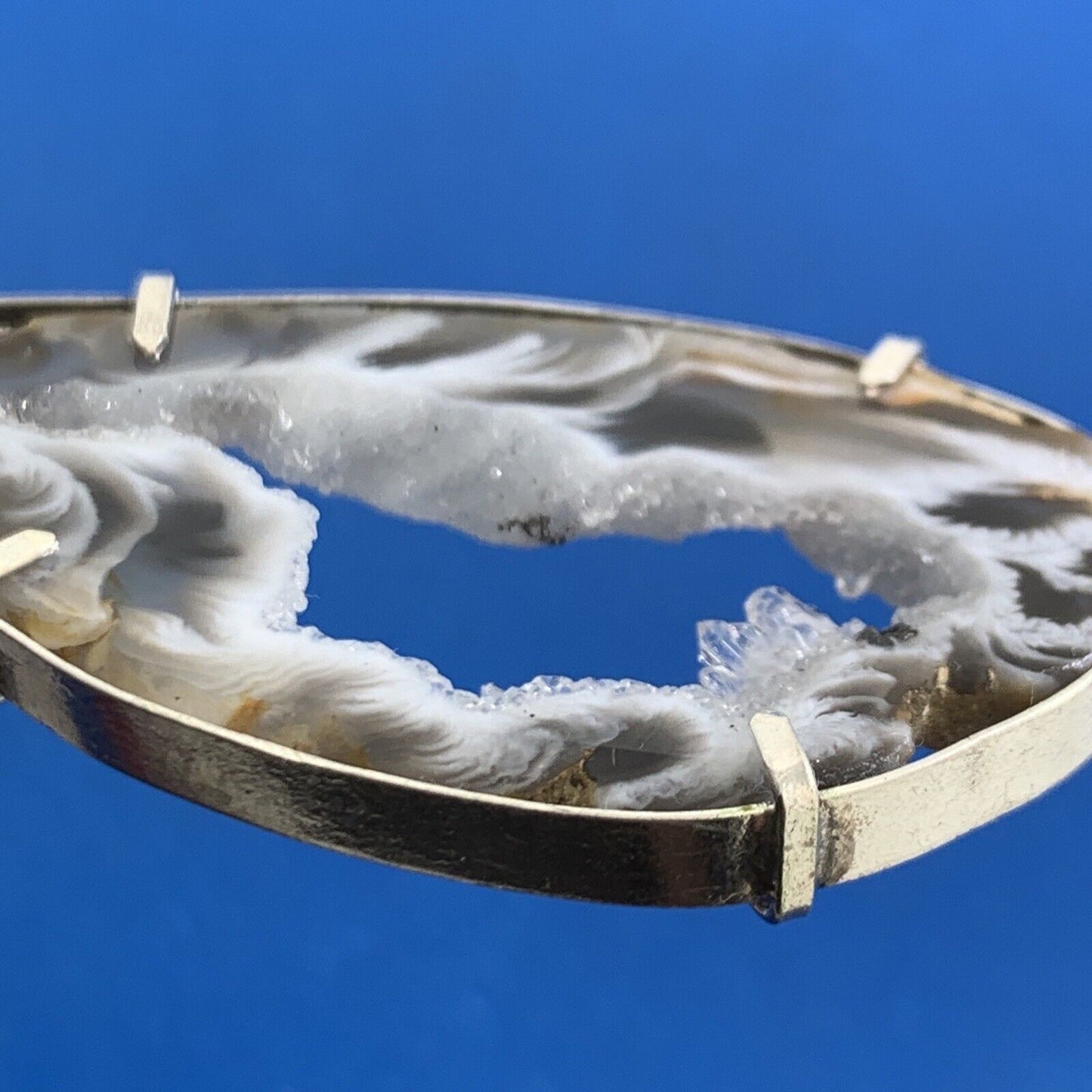 Estate Artisan 925 Sterling Silver Black White Quartz Druzy Geode Slice Pendant