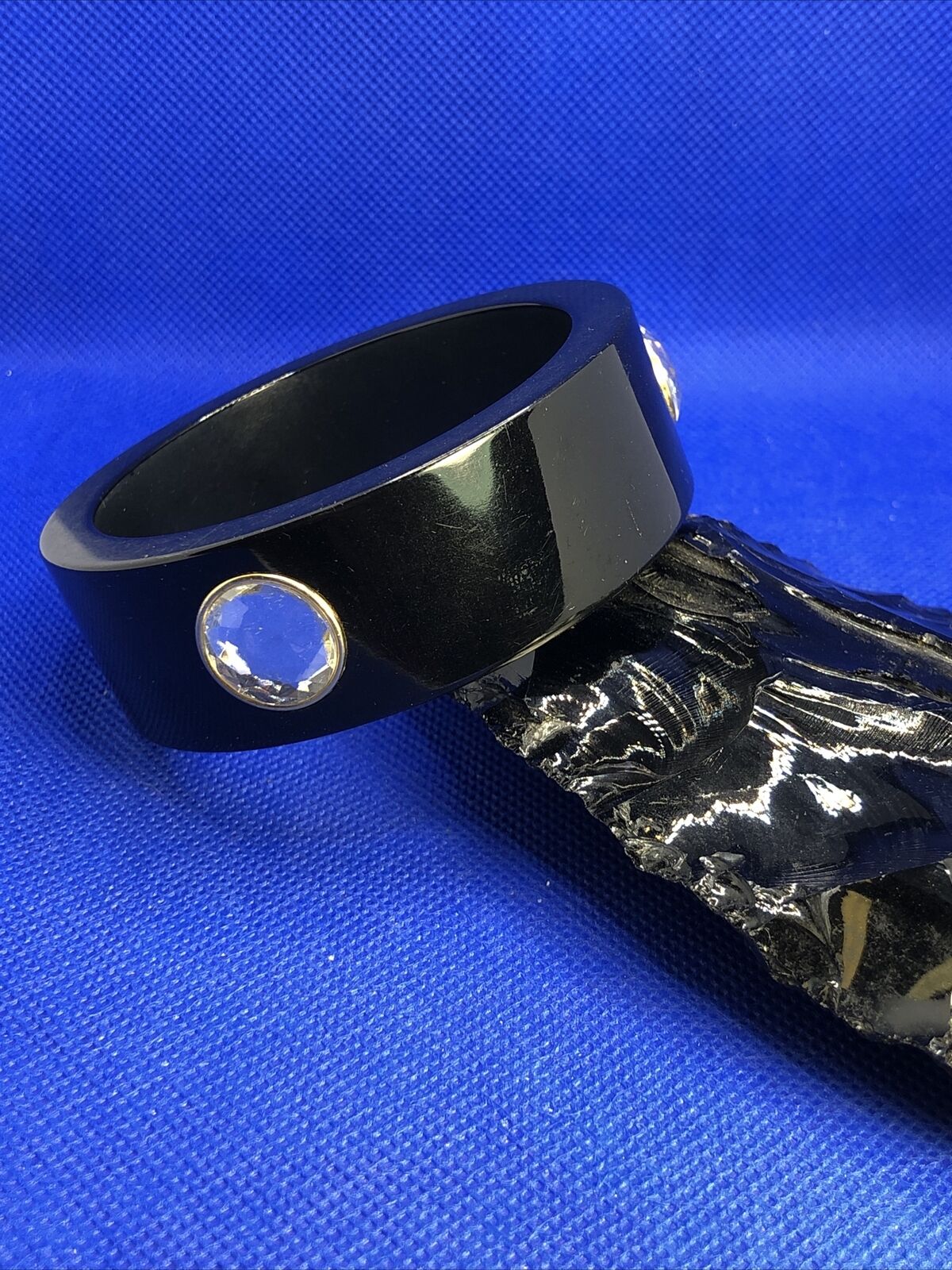 1980's Runway Glam Black Lacquer Lucite Rhinestone 2 Bracelets & Earrings Lot