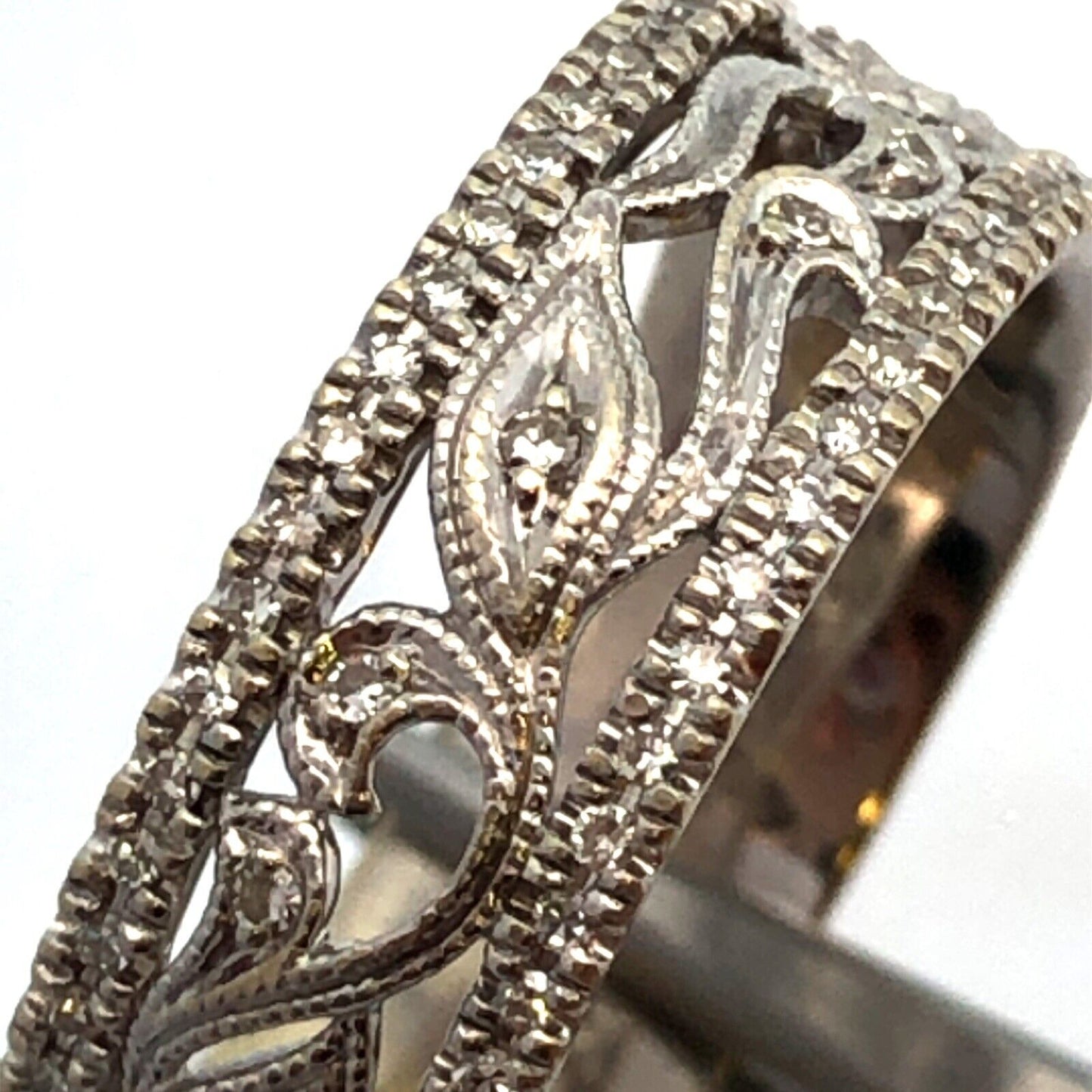 Neil Lane 14K White Gold Pave Diamond Floral Scroll Cutout Wedding Band Ring