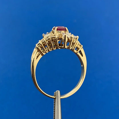 Vintage 14K Yellow Gold Oval Ruby Diamond Accented Cluster Bypass Cocktail Ring