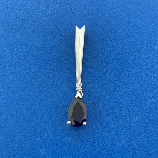 Gorgeous 14k White Gold Pear Cut Blue Sapphire Diamond Accent Dangle Pendant