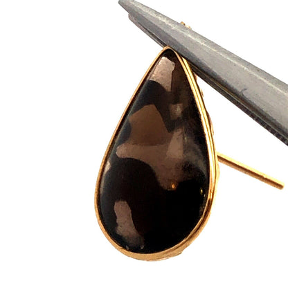 Estate 14K Yellow Gold Teardrop Smokey Quartz Etched Tiger Dangle Stud Earrings
