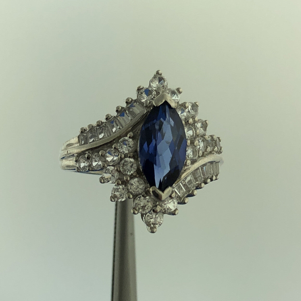 925 Sterling Silver Blue Spinel White Topaz Statement Anniversary Ring