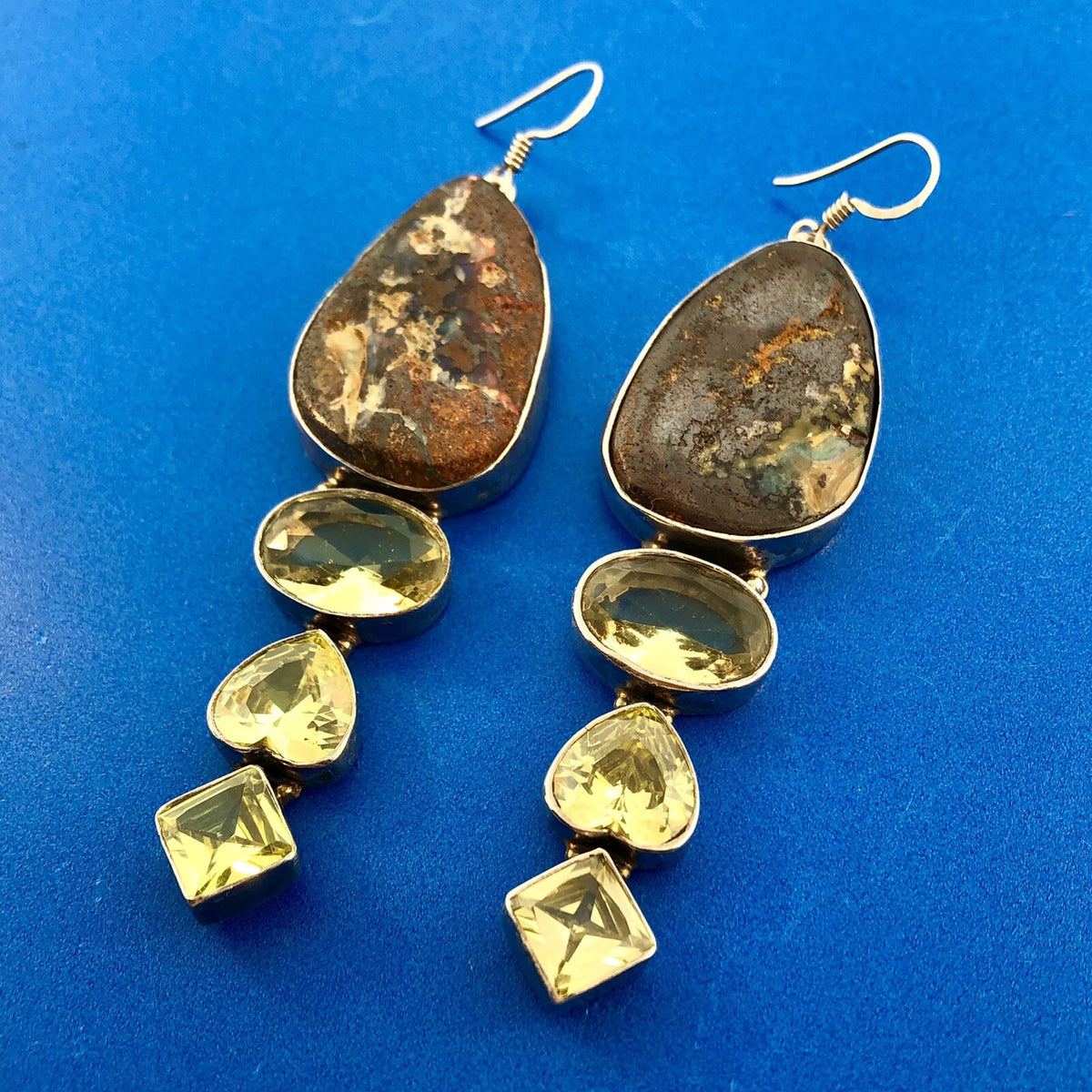Retro 925 Sterling Silver Chunky Llanite Lemon Quartz Statement Dangle Earrings