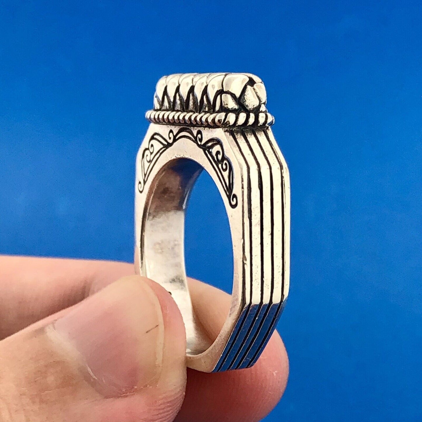 Designer 925 Sterling Silver Architectural Scroll Bar Dome Ring