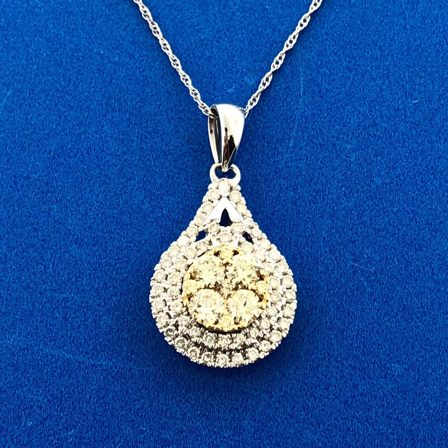Royal 14K White Yellow Gold Canary White Diamond Double Halo Pear Pendant