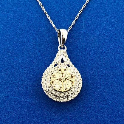 Royal 14K White Yellow Gold Canary White Diamond Double Halo Pear Pendant