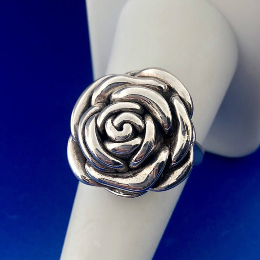 Fun 925 Sterling Silver Textured Rose Camellia Flower Statement Ring