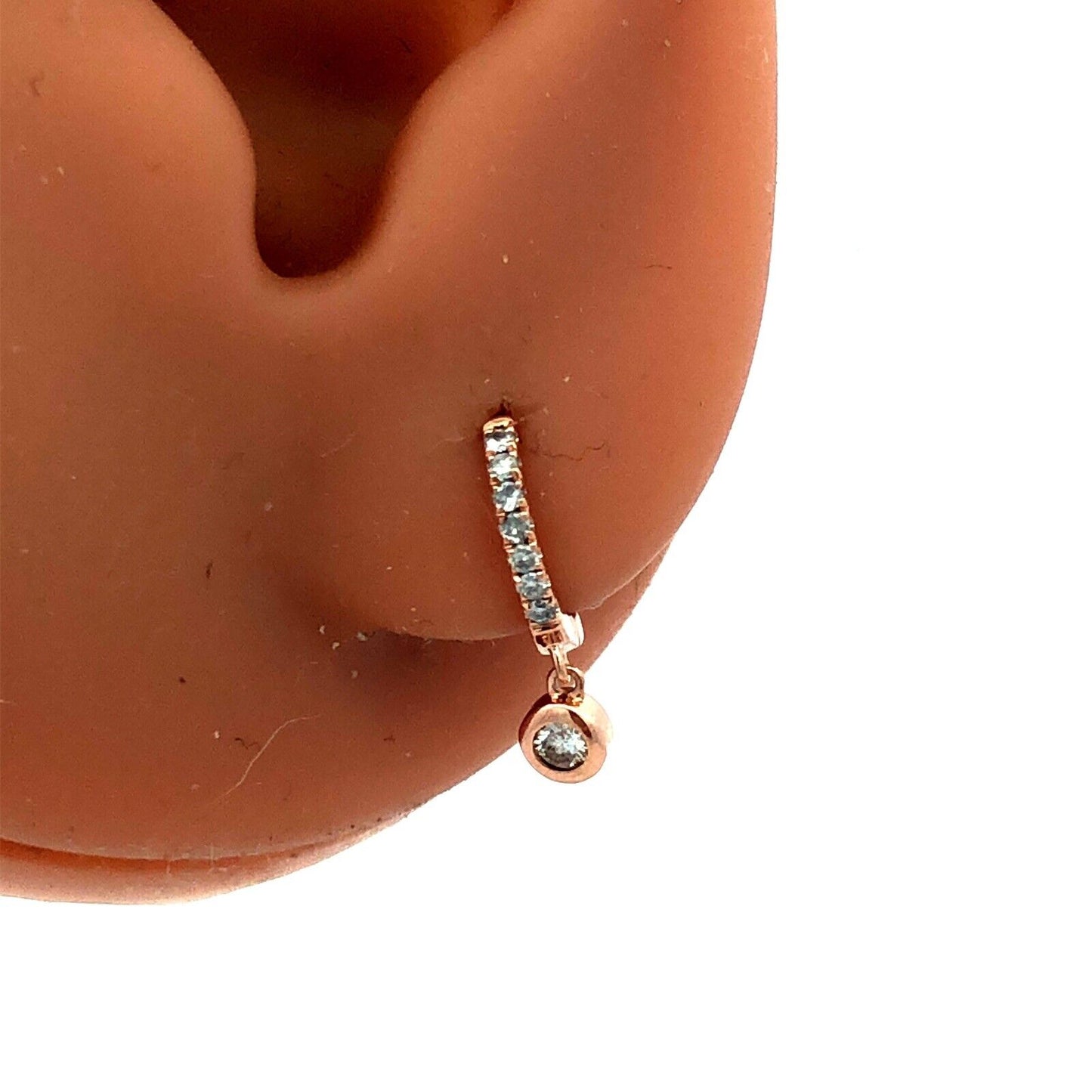 14KT Rose Gold Round Diamond Tiny Hinged Huggie Hoop Dangle Earrings