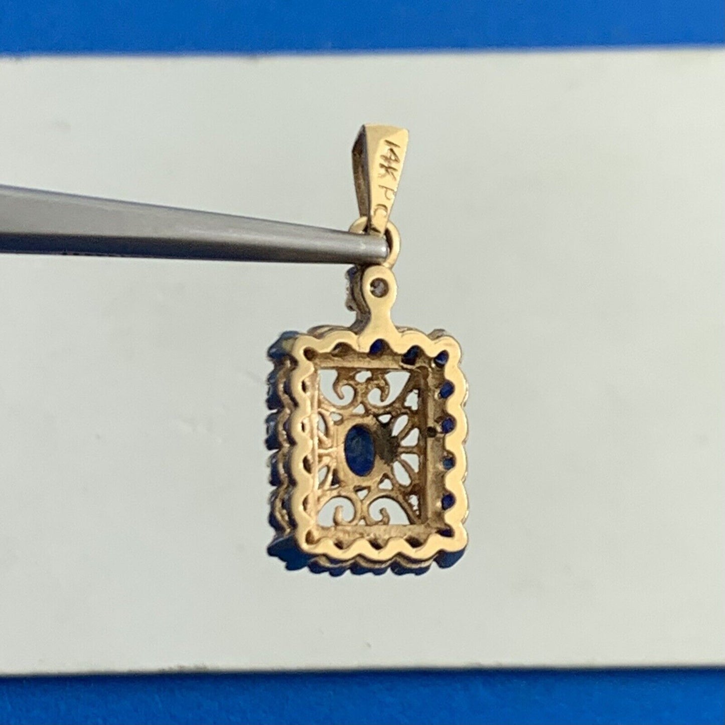 Designer 14K Yellow Gold Oval Blue Sapphire Diamond Accent Filigree Pendant