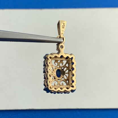 Designer 14K Yellow Gold Oval Blue Sapphire Diamond Accent Filigree Pendant