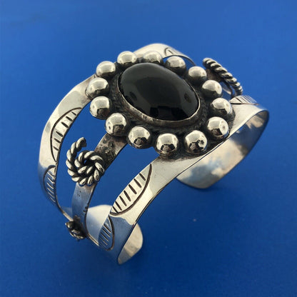 Estate Mexico 925 Sterling Silver Oval Black Onyx Concho Statement Cuff Bracelet