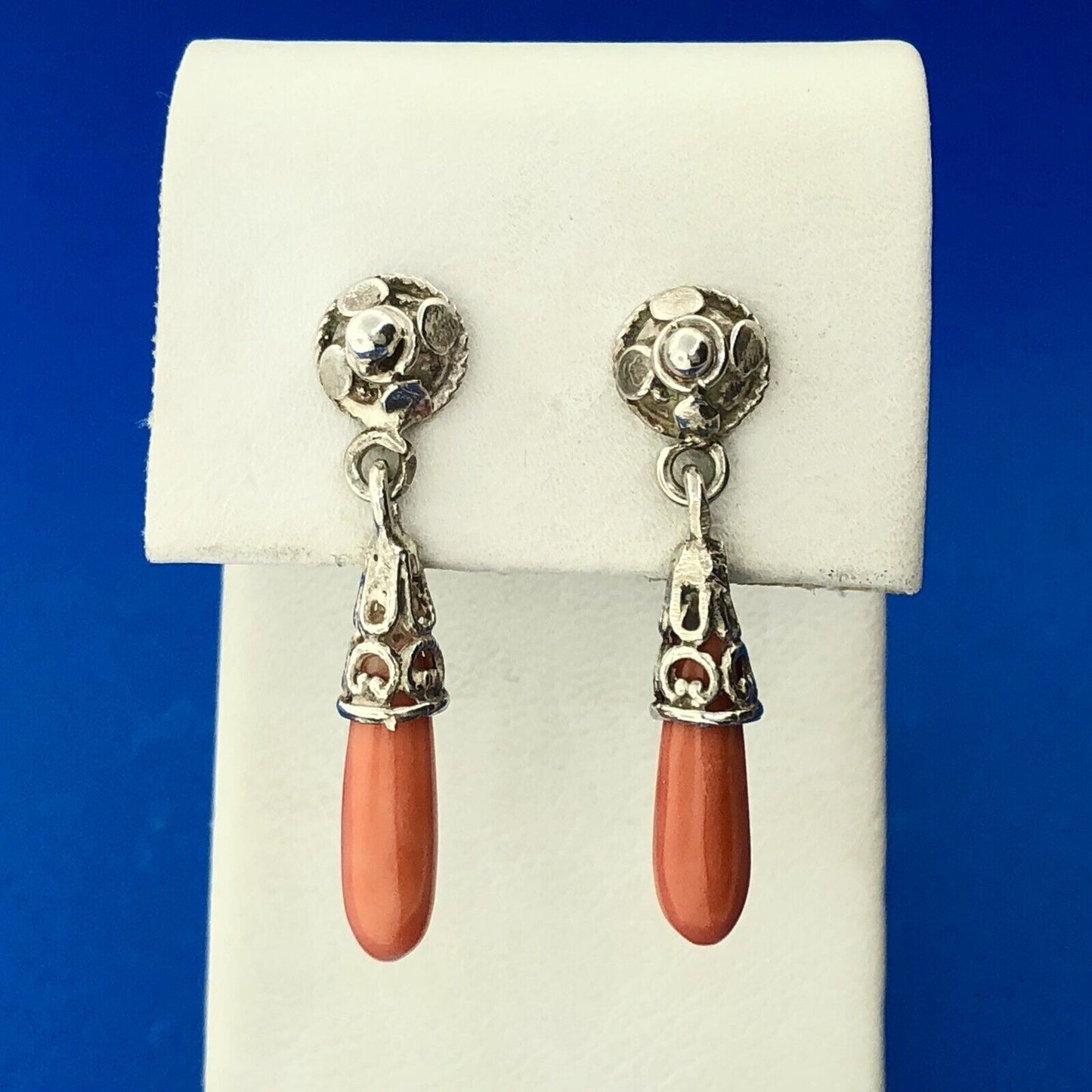 Stunning Sterling Silver 925 Cabochon Elongated Coral Dangle Earrings