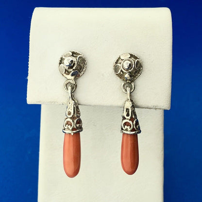 Stunning Sterling Silver 925 Cabochon Elongated Coral Dangle Earrings