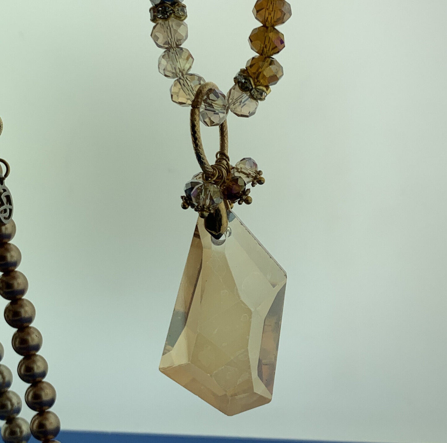 Gold Tone Faux Pearl Crystal Bead Faceted Glass Pendant Statement Necklace