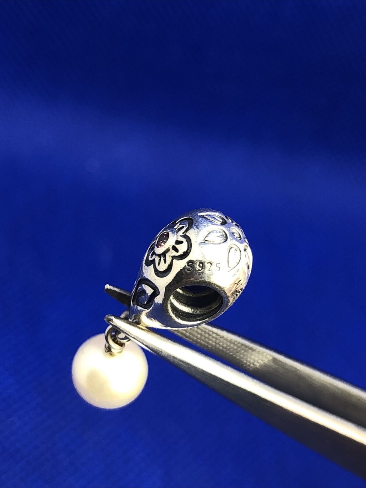 Retired PANDORA ALE 925 Silver Pink CZ Flower Pearl Dangle Charm 790546