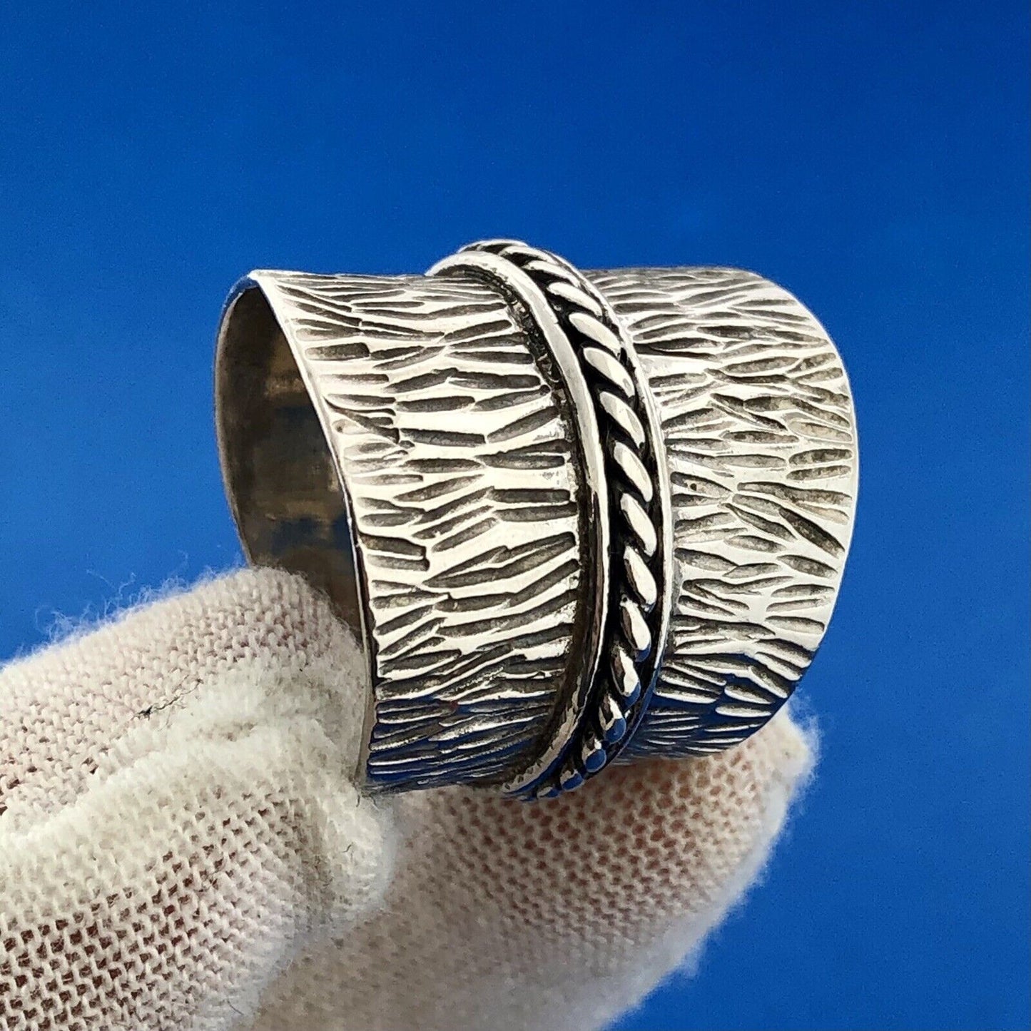 Vintage CJF Thai 925 Sterling Silver Textured Tapered Cigar Band Statement Ring