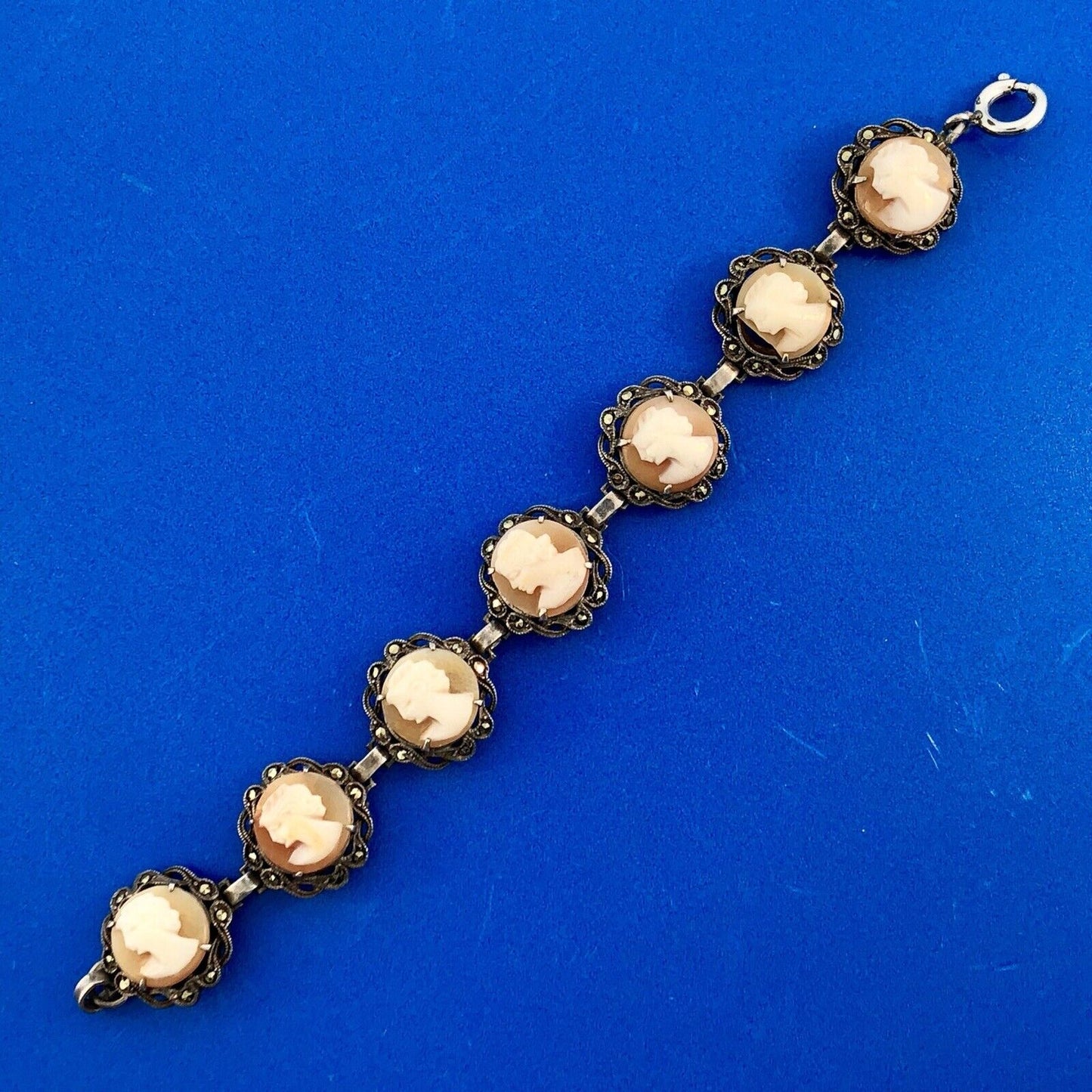 Art Deco Sterling Silver 925 Carved Cameo Marcasite Accented Panel Bracelet