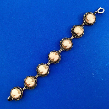 Art Deco Sterling Silver 925 Carved Cameo Marcasite Accented Panel Bracelet