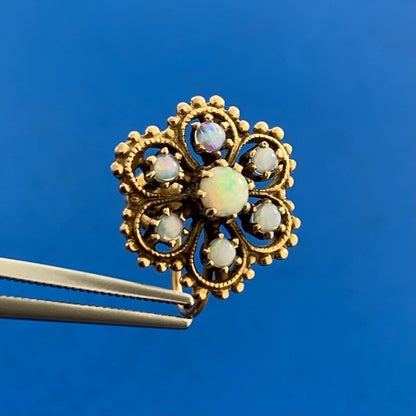 Vintage 14K Yellow Gold Opal Flower Cluster Screw Back Earrings