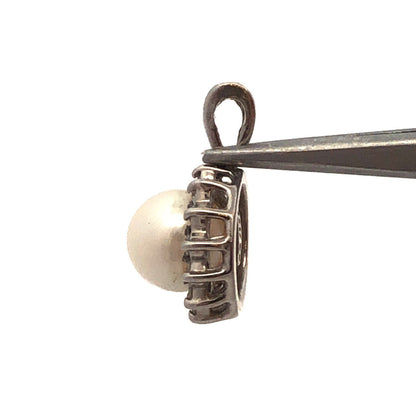 Designer BME 14K White Gold Round White Pearl Diamond Halo June Bridal Pendant