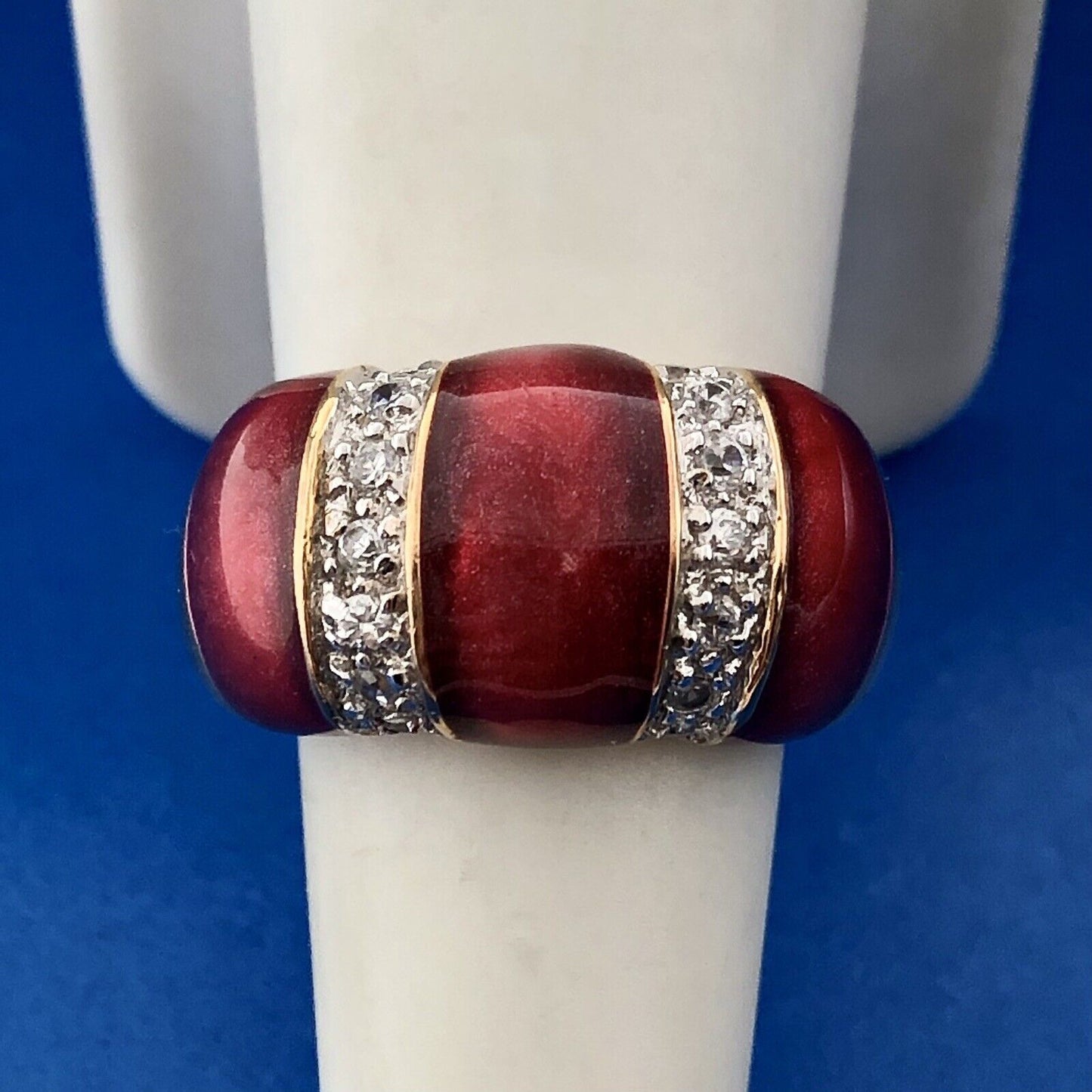 Stunning 925 Sterling Silver Red Enamel Cubic Zirconia Statement Dome Ring