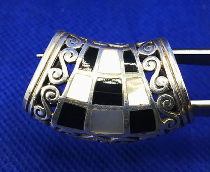 SX Black Onyx & Mother of Pearl Inlay 925 Sterling Silver Statement Pendant