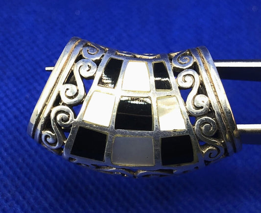 SX Black Onyx & Mother of Pearl Inlay 925 Sterling Silver Statement Pendant