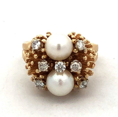 Designer EAG 14K Yellow Gold Round Pearl Diamond Textured Dome Statement Ring