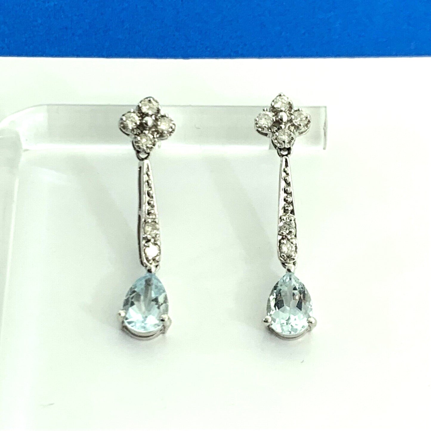Designer Mexico 14K White Gold Pear Blue Topaz Diamond Accent Dangle Earrings