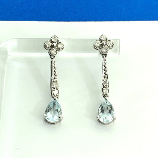 Designer Mexico 14K White Gold Pear Blue Topaz Diamond Accent Dangle Earrings