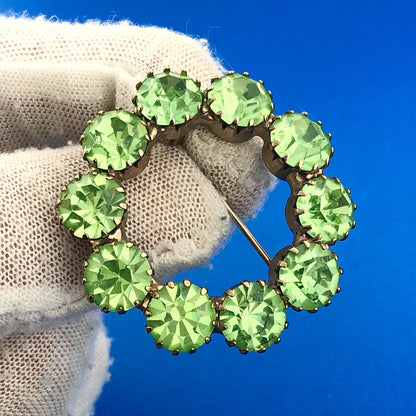 Estate Gold Tone Chartreuse Lime Green Rhinestone Pin Brooch Clip Earrings Set
