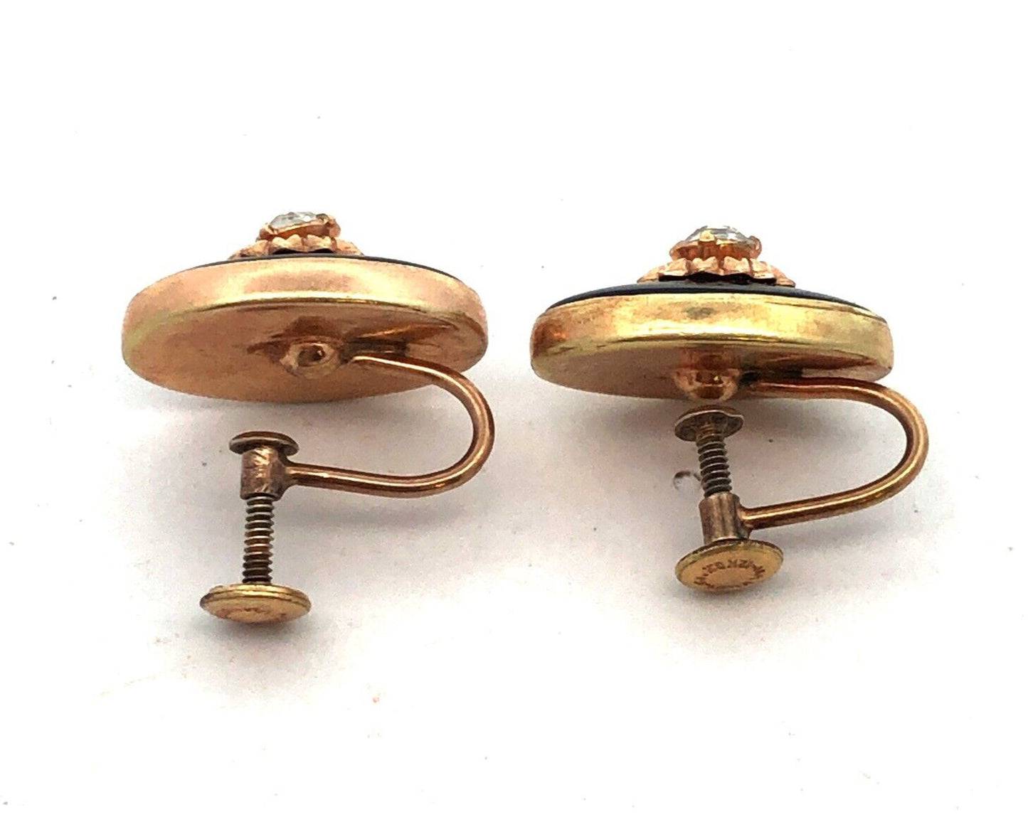 Antique Gold 12K Gold Filled Blace Onyx Rhinestone Brooch Earrings 3 Pc Set