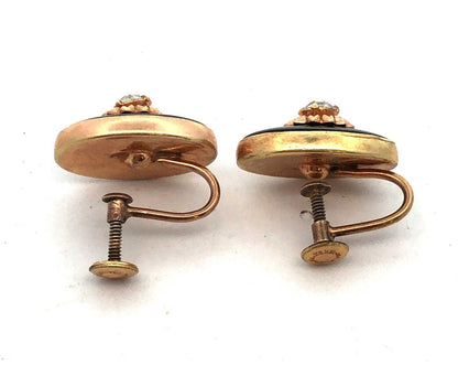 Antique Gold 12K Gold Filled Blace Onyx Rhinestone Brooch Earrings 3 Pc Set