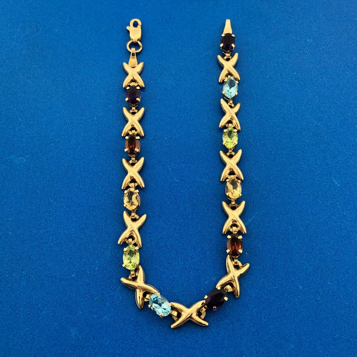 Fabulous Designer 10K Yellow Gold Colorful Multi Gemstone X & O Tennis Bracelet