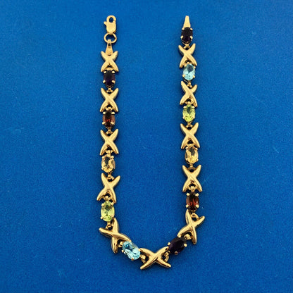Fabulous Designer 10K Yellow Gold Colorful Multi Gemstone X & O Tennis Bracelet